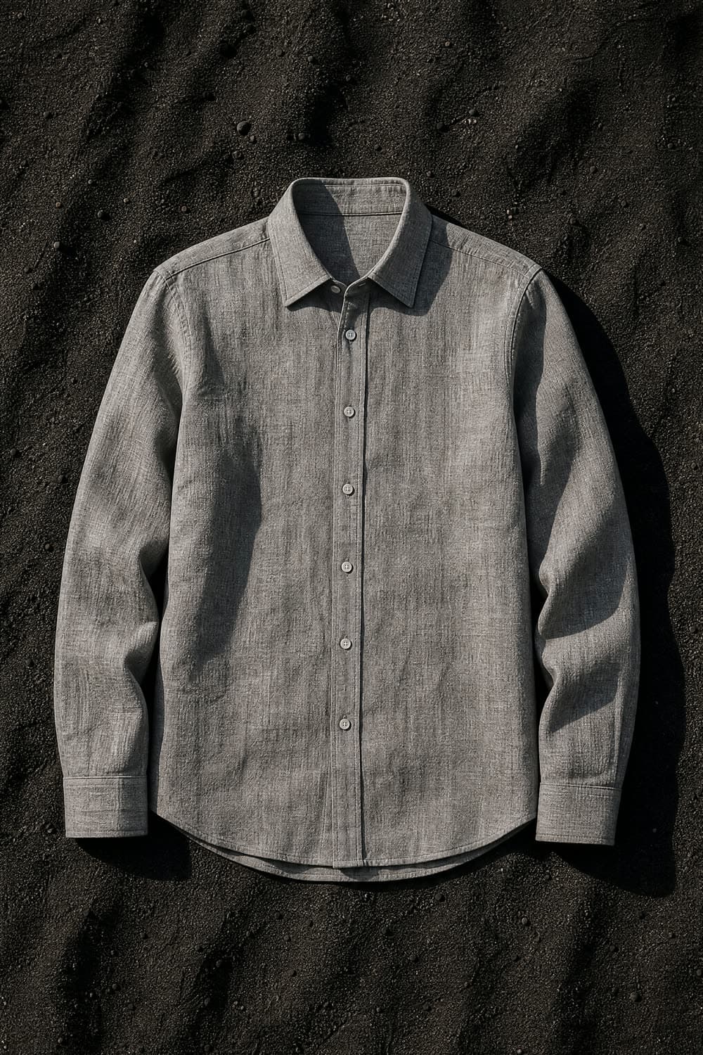 A pure linen shirt pressed and laid flat, the way the category normally photographs it.